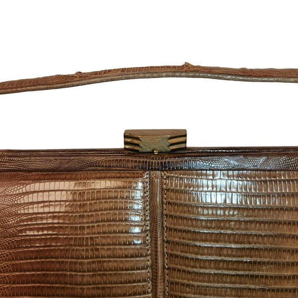 Vintage Palizzio Tegu Lizard Brown Rectangle Frame Closure 1960s Handbag - Picture 5 of 16